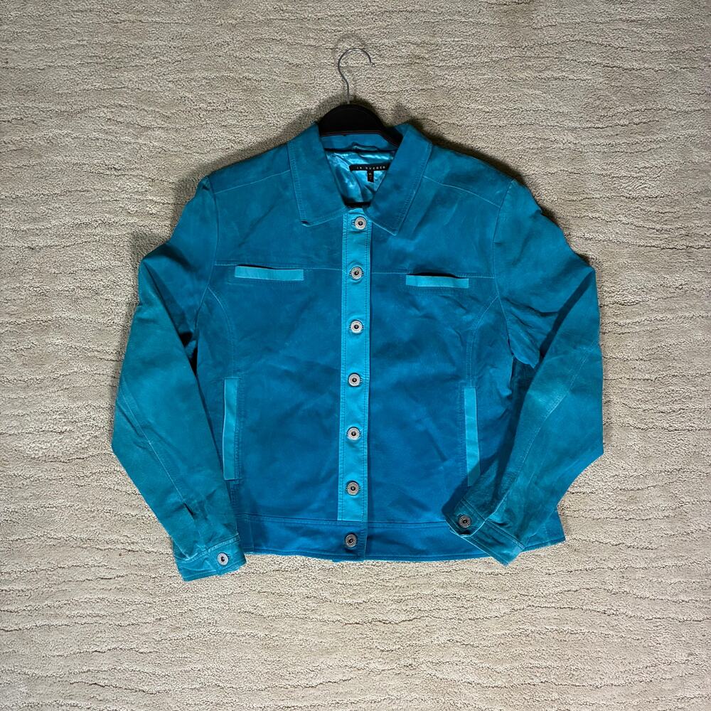 Y2K 100% Leather Suede Women XL Teal Button Up Retro Jacket "In Suede" Indie